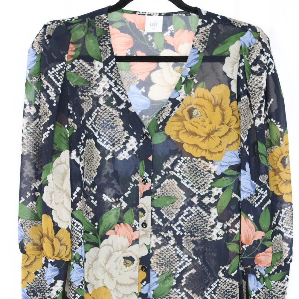 CAbi Floral Size Medium Sheer Button Down V Neck Blouse Top